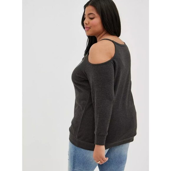 Vinyl Icons +5 Gray Fleece Knit Poison Band Skull-Rose Cold Shoulder Sweatshirt - Picture 7 of 8